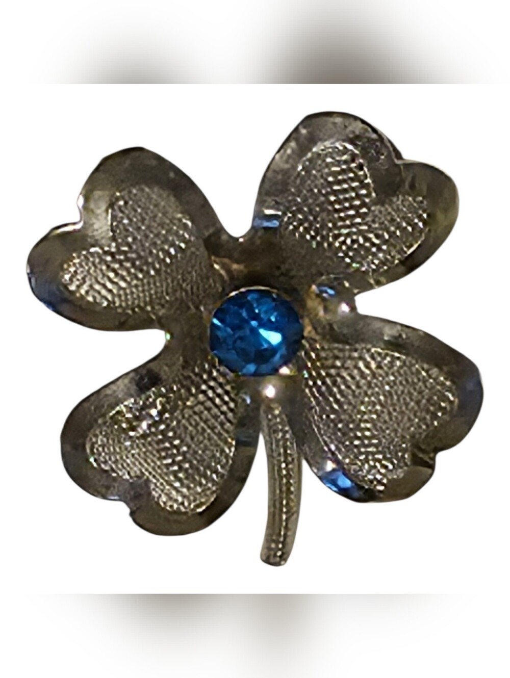 Vintage Silver Tone Four Leaf Clover Brooch Blue Rhinestone Lucky Shamrock Pin